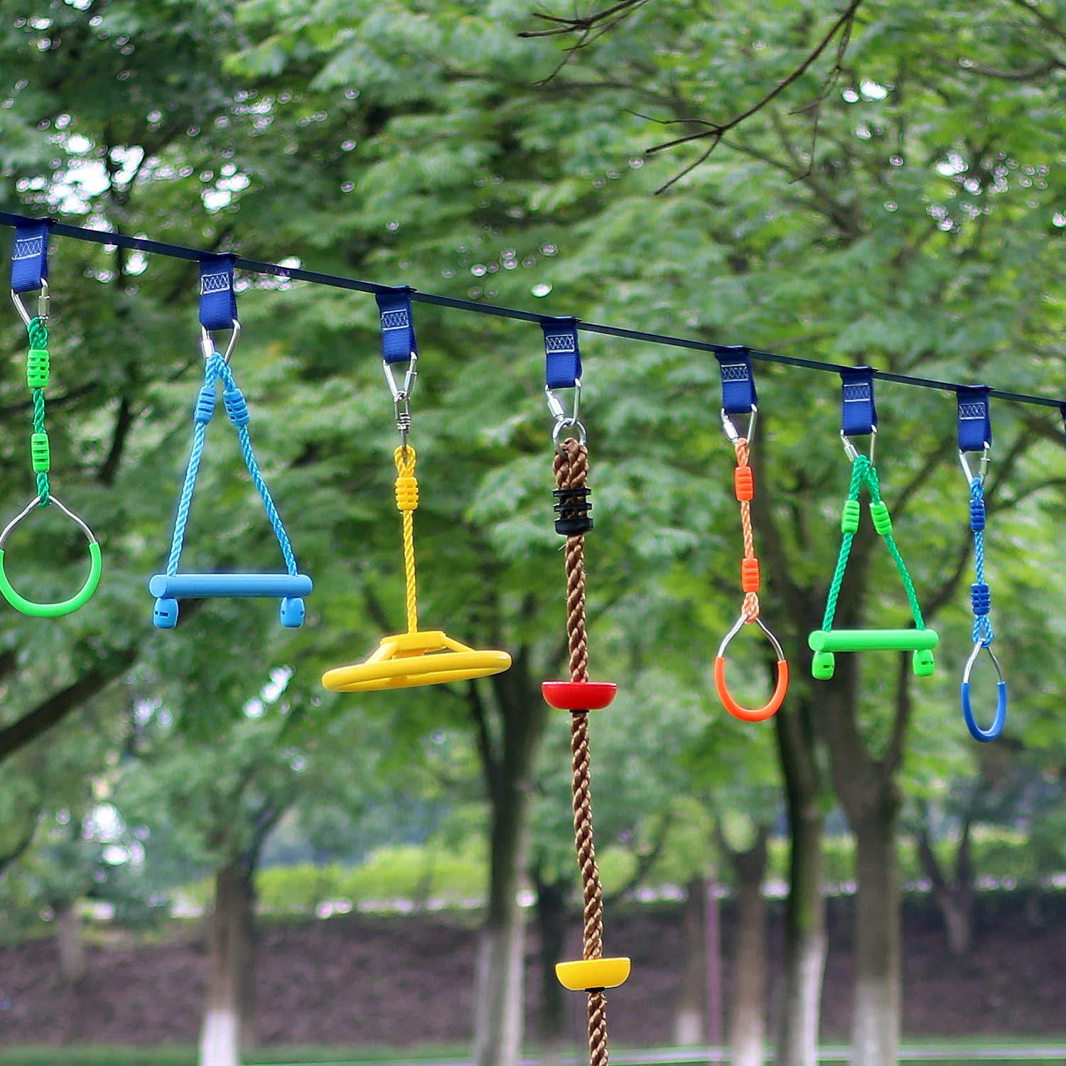 Rainbow Craft monkey bars with carabiners ideal for home obstacle courses.