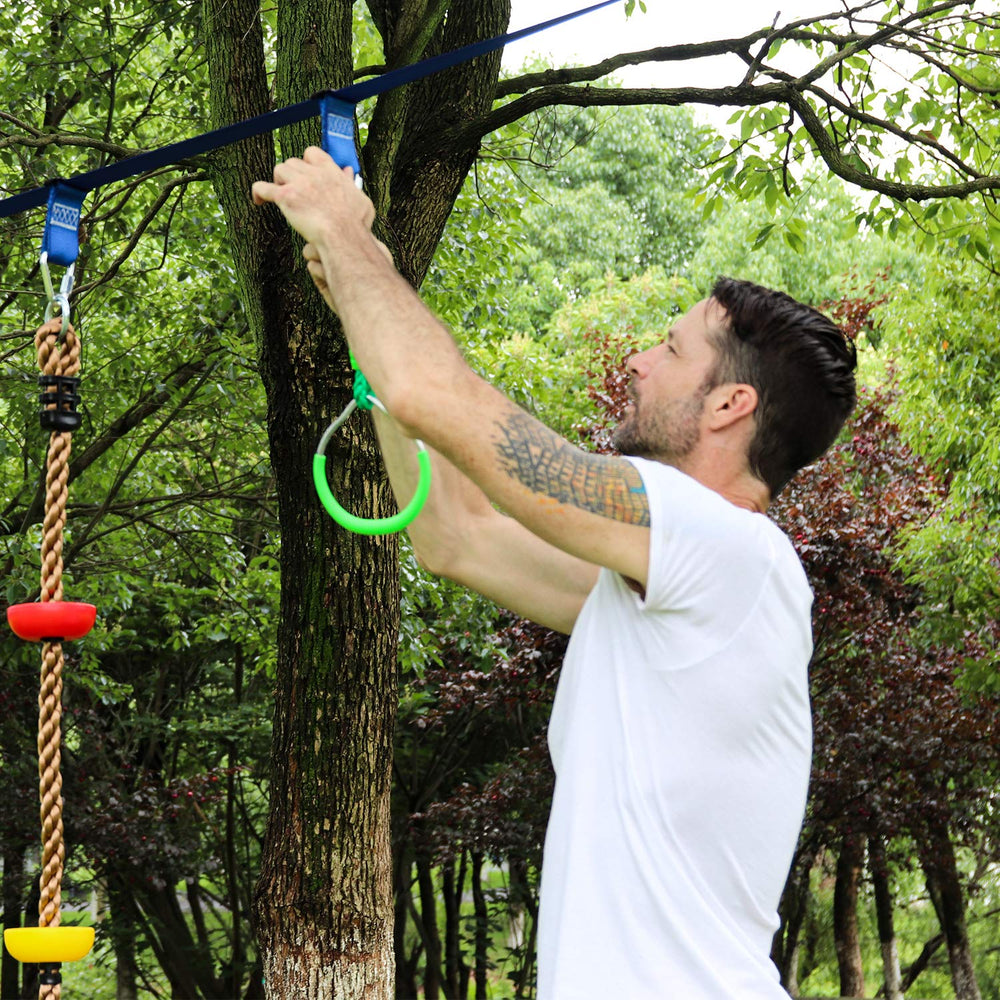 Rainbow Craft rings mounted on a bar for climbing and balance.