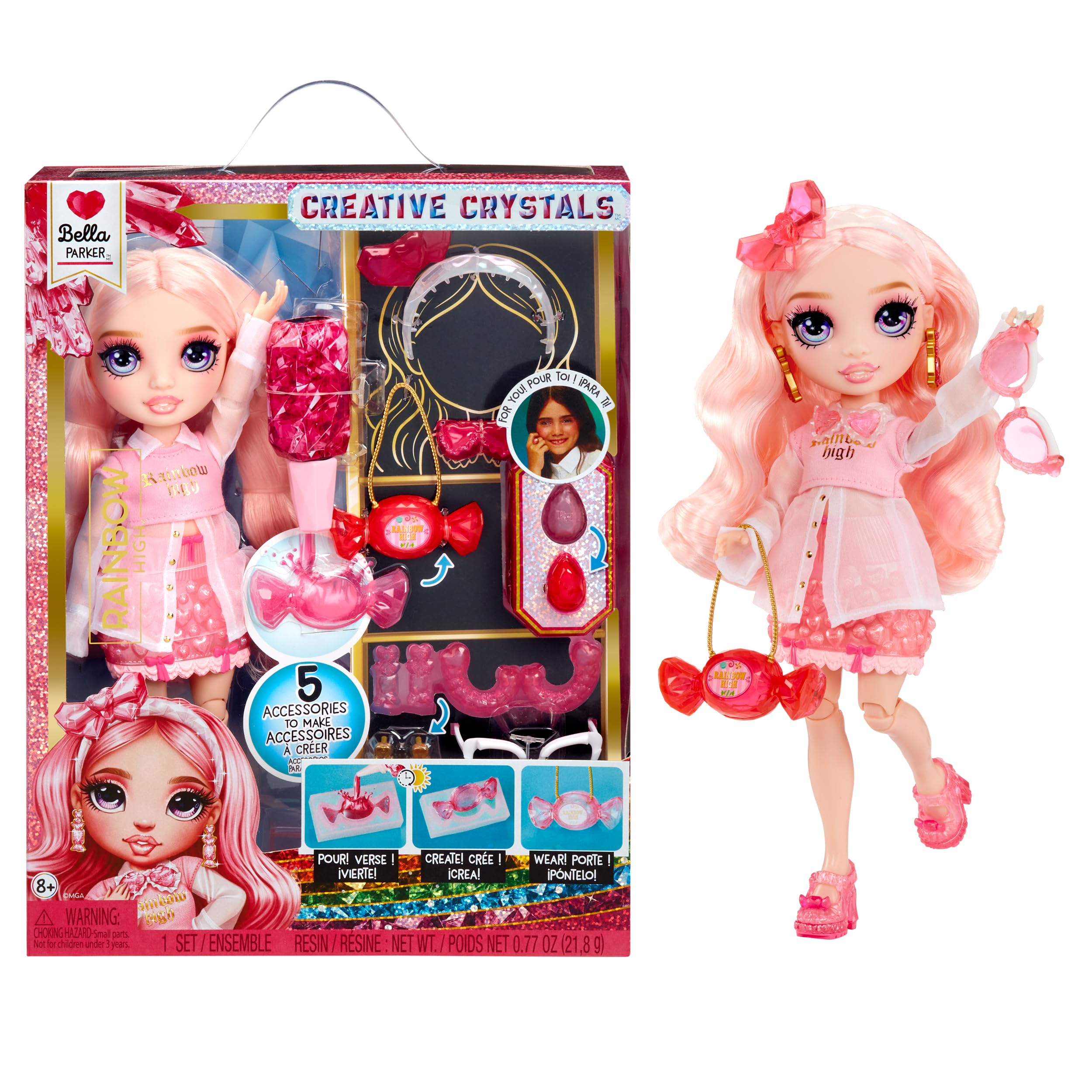 Rainbow High Bella pink doll with sparkling outfit for imaginative dress-up play.