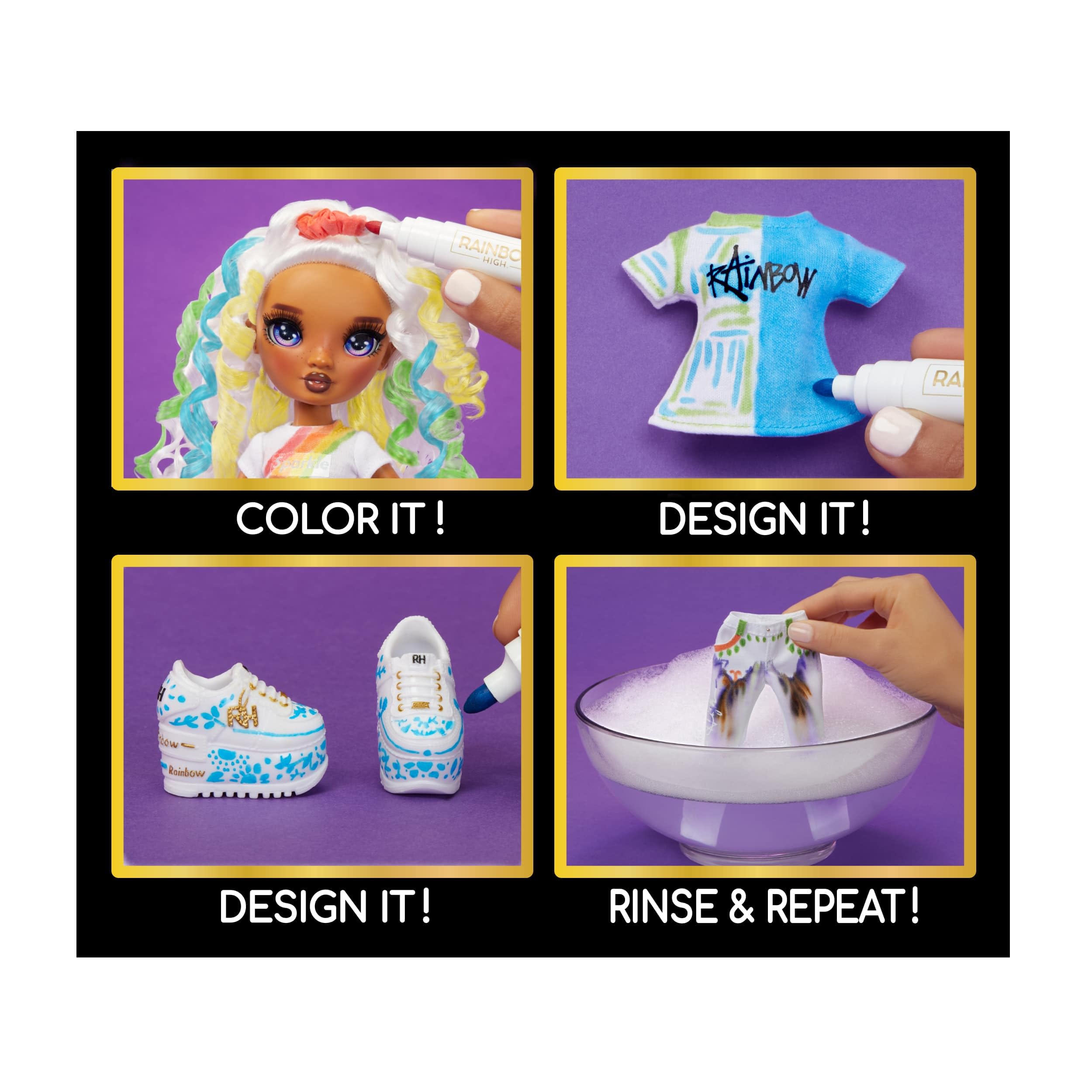 Rainbow High Color & Create doll color design close-up with vibrant markers
