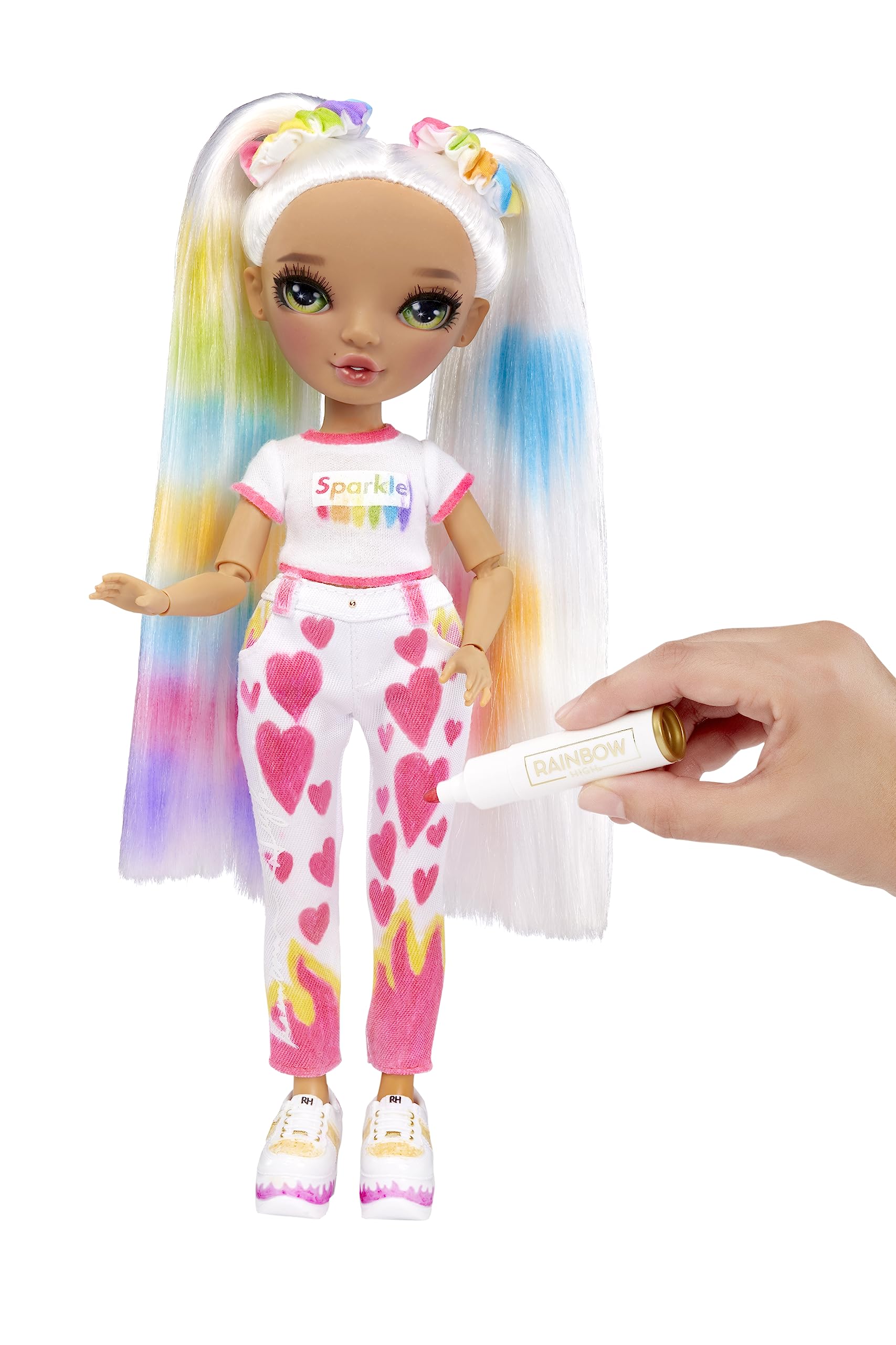 Rainbow High Color & Create doll wearing white top and sneakers for coloring fun.