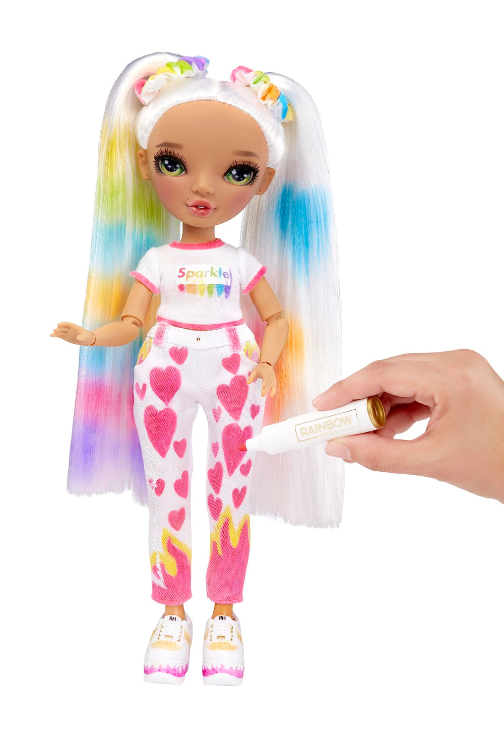 Rainbow High Color & Create doll wearing white top and sneakers for coloring fun.