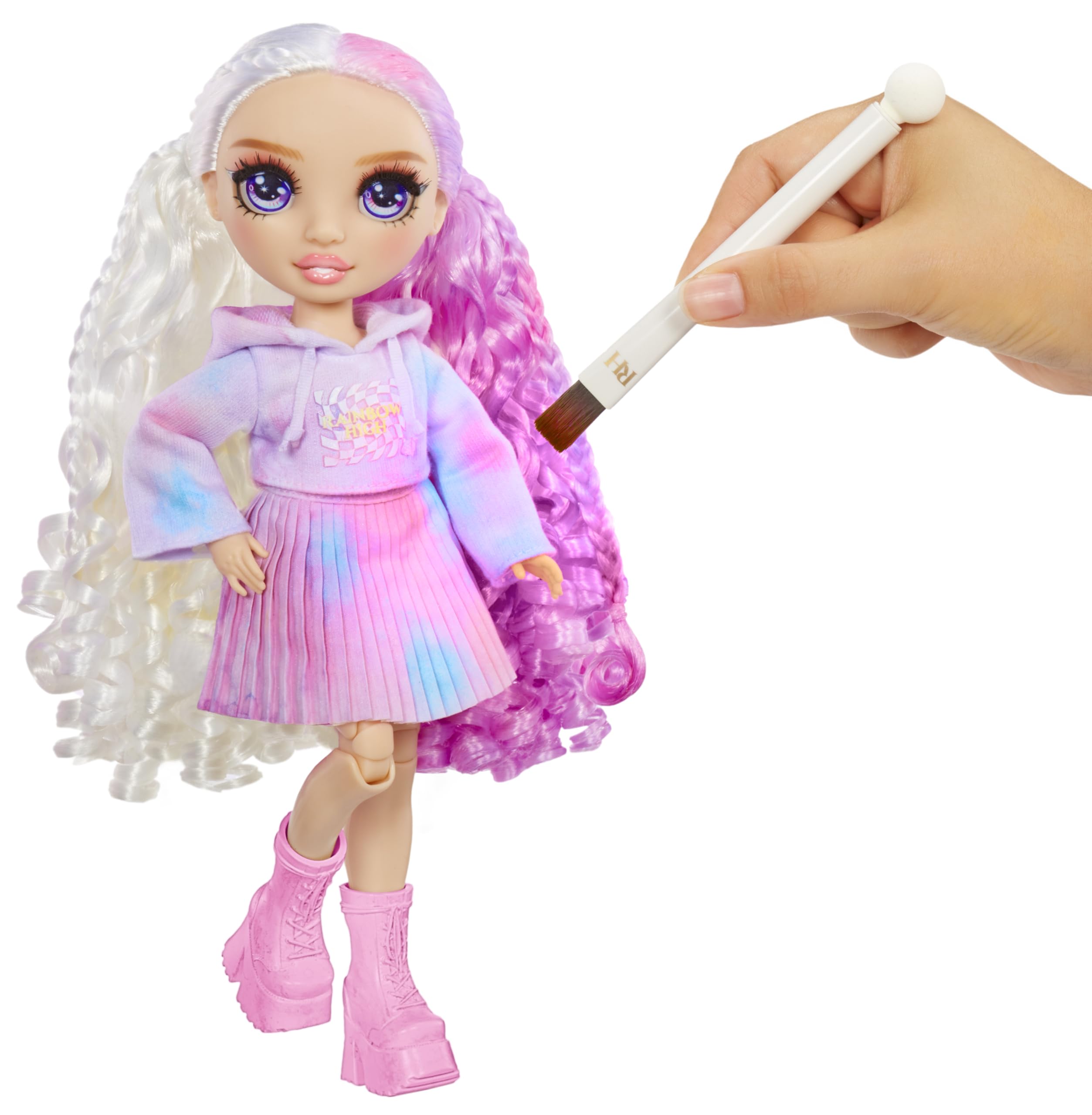 Rainbow High doll hair coloring with washable paints for fun transformations.