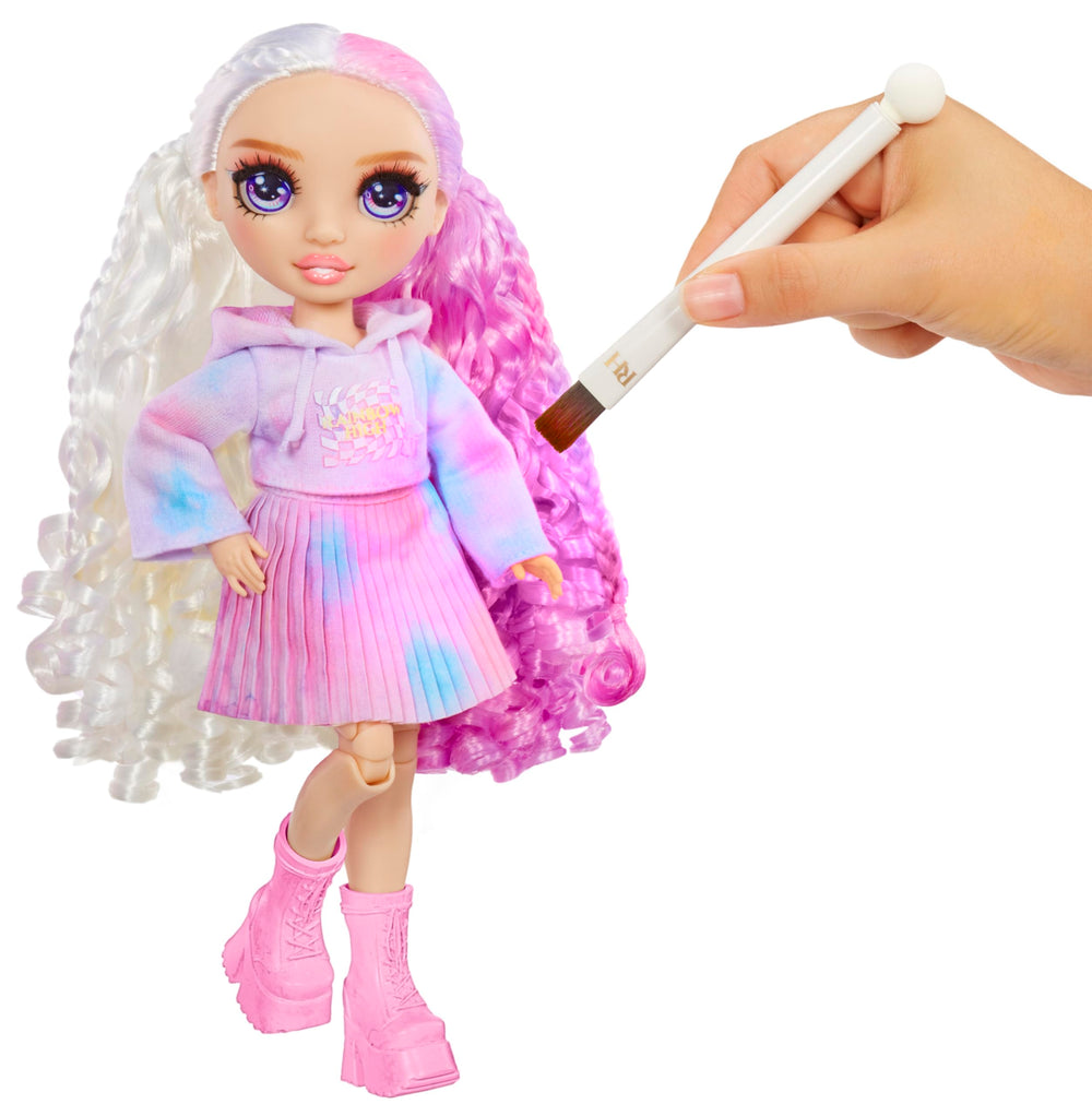 Rainbow High doll hair coloring with washable paints for fun transformations.