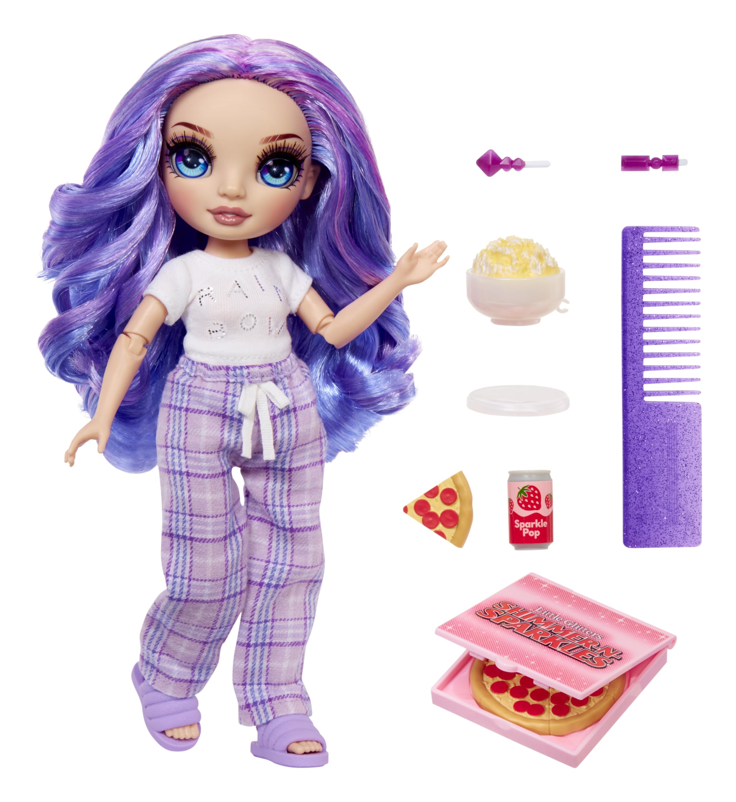 Violet wearing purple pajama set designed for cozy bedtime role play.