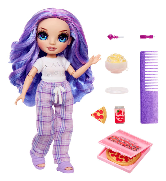 Violet wearing purple pajama set designed for cozy bedtime role play.