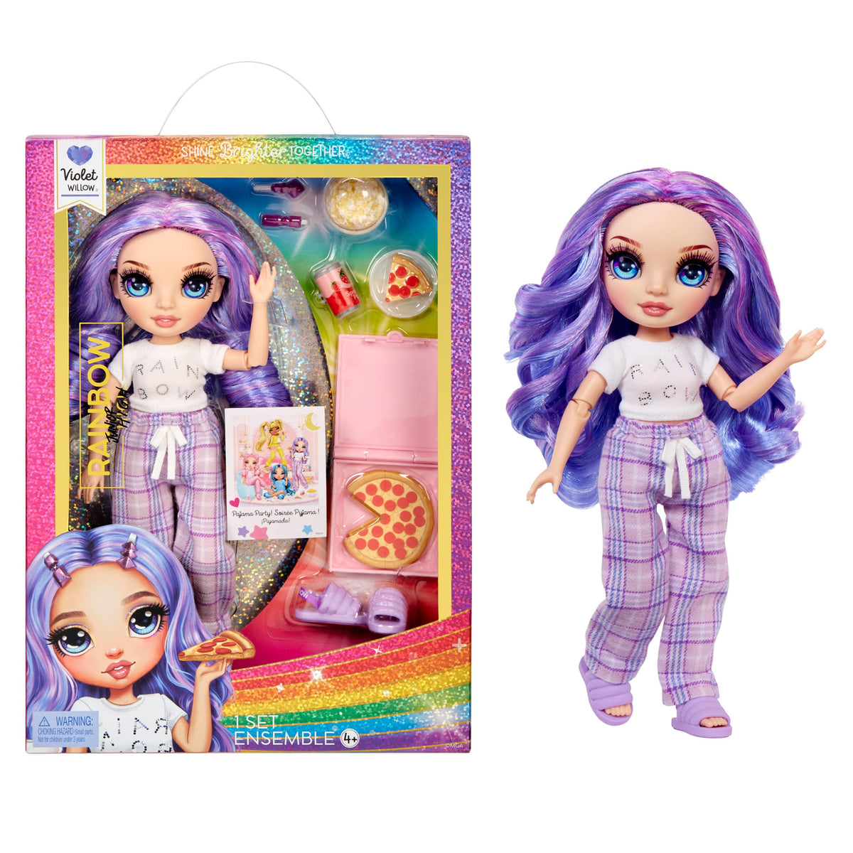 Rainbow High Violet PJ Party doll in a cozy pajamas setup for storytelling.