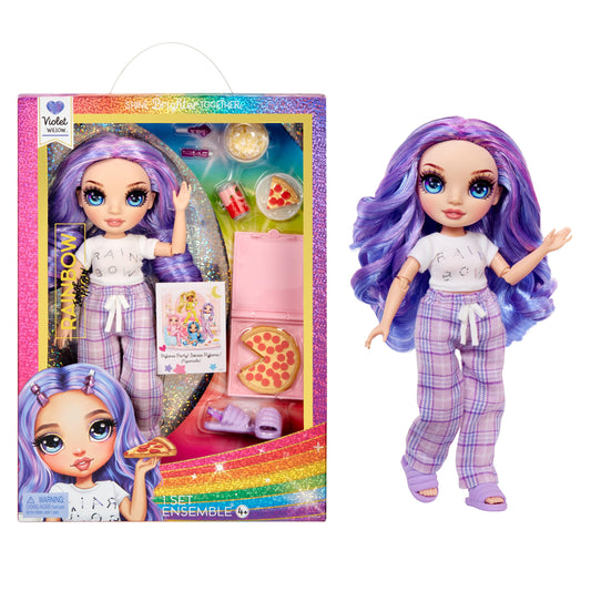Rainbow High Violet PJ Party doll in a cozy pajamas setup for storytelling.