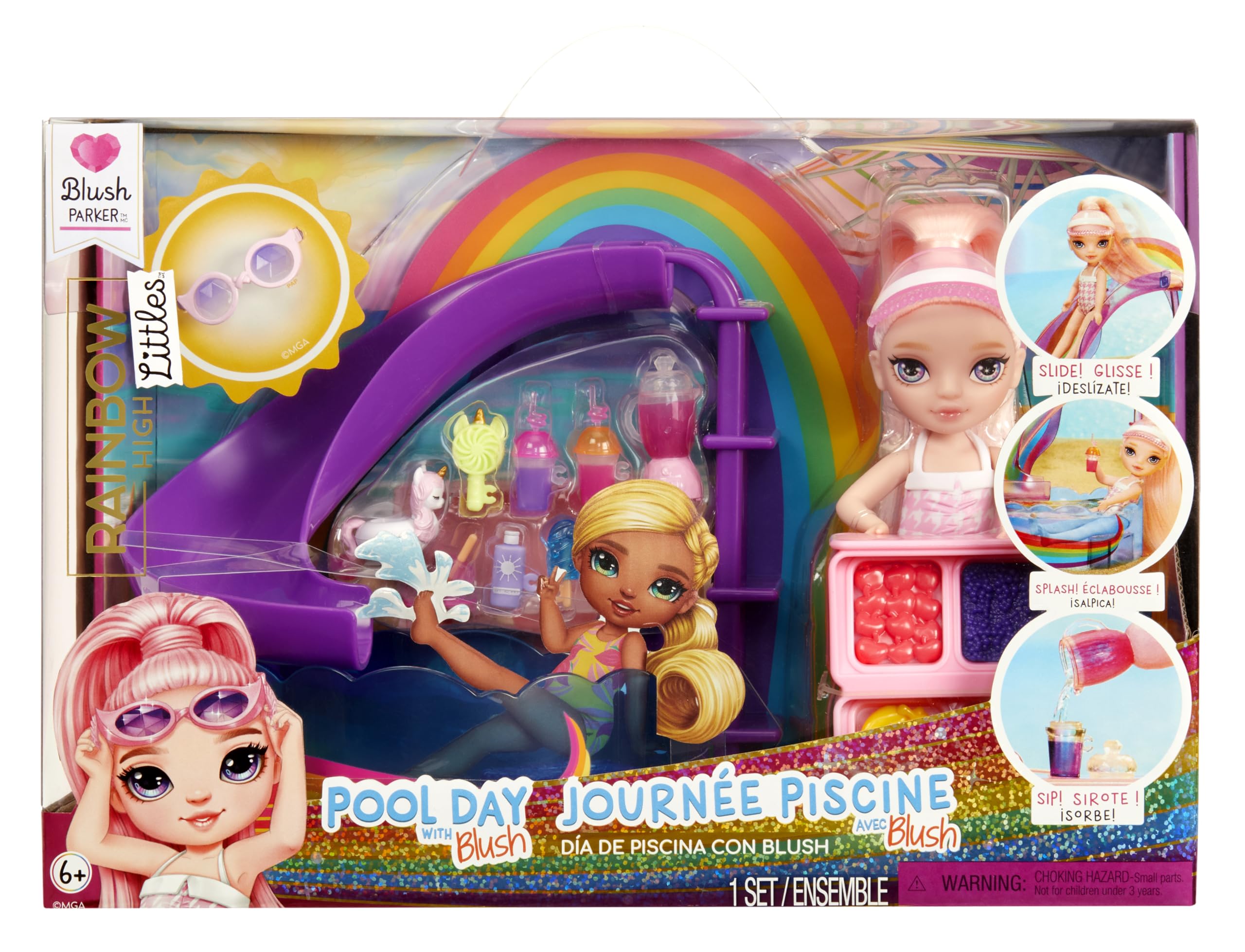 Rainbow High Littles pool day playset with exclusive doll Blush for imaginative storytelling.