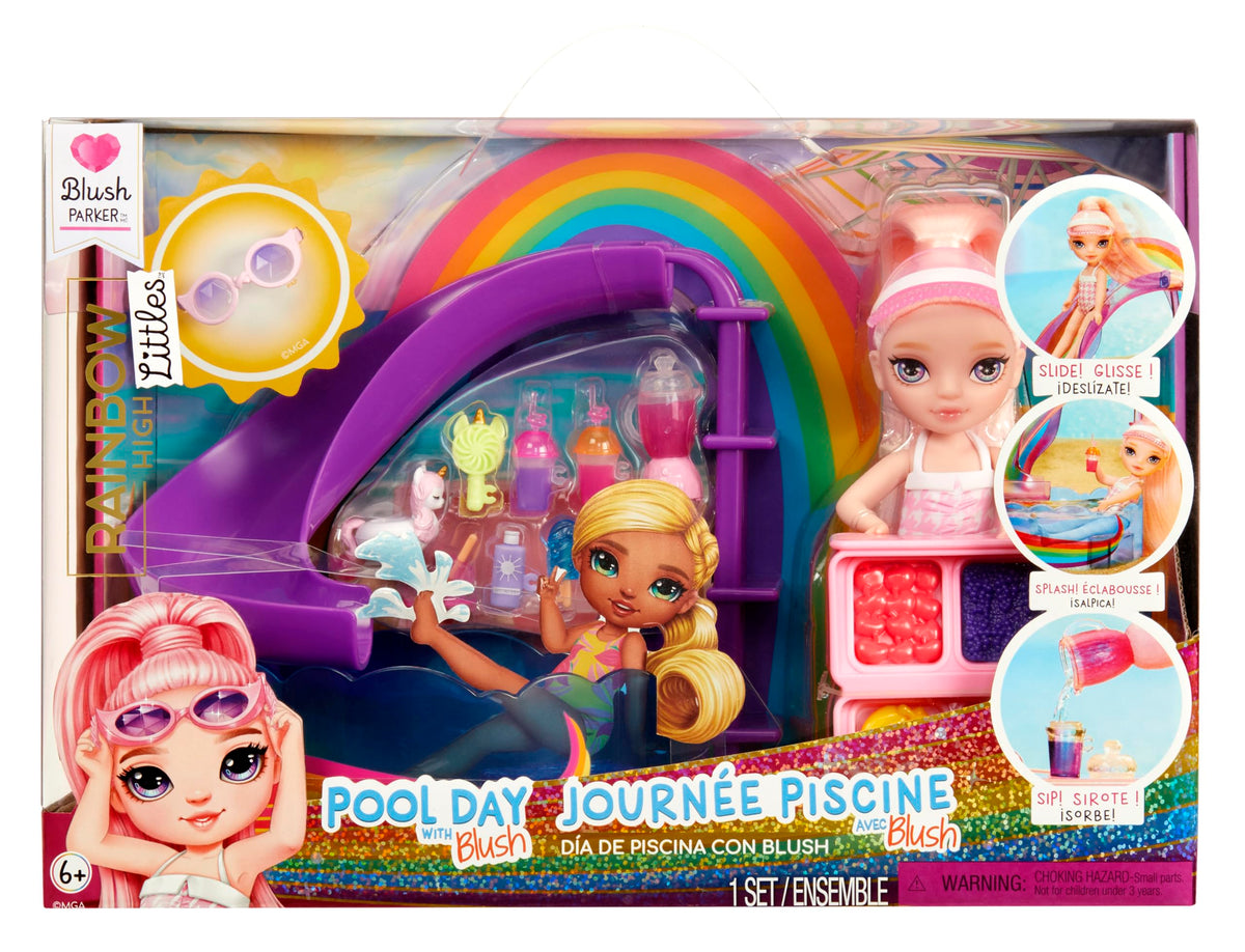 Rainbow High Littles pool day playset with exclusive doll Blush for imaginative storytelling.