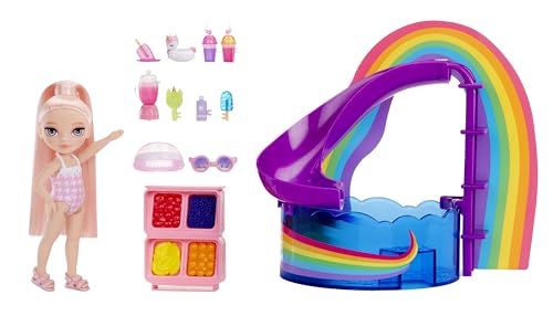 Rainbow High Littles pool with rainbow slide invites climbing, sliding, and sunny storytelling.