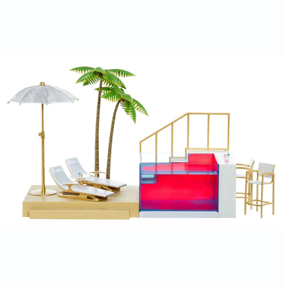 Rainbow High lounge chairs by the pool offer stylish rest during pretend days
