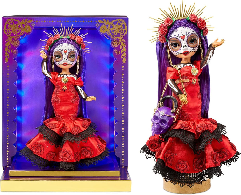 Rainbow High Maria Dia de Los Muertos doll with LED display for a vibrant holiday display.