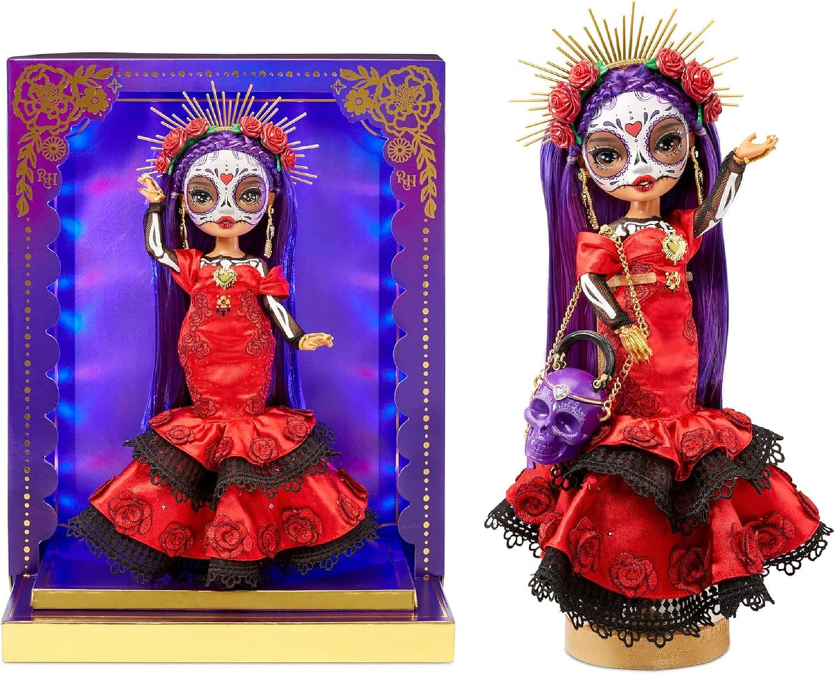 Rainbow High Maria Dia de Los Muertos doll with LED display for a vibrant holiday display.