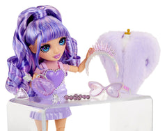 Rainbow High Violet dress detail shows purple sparkle and style for play.