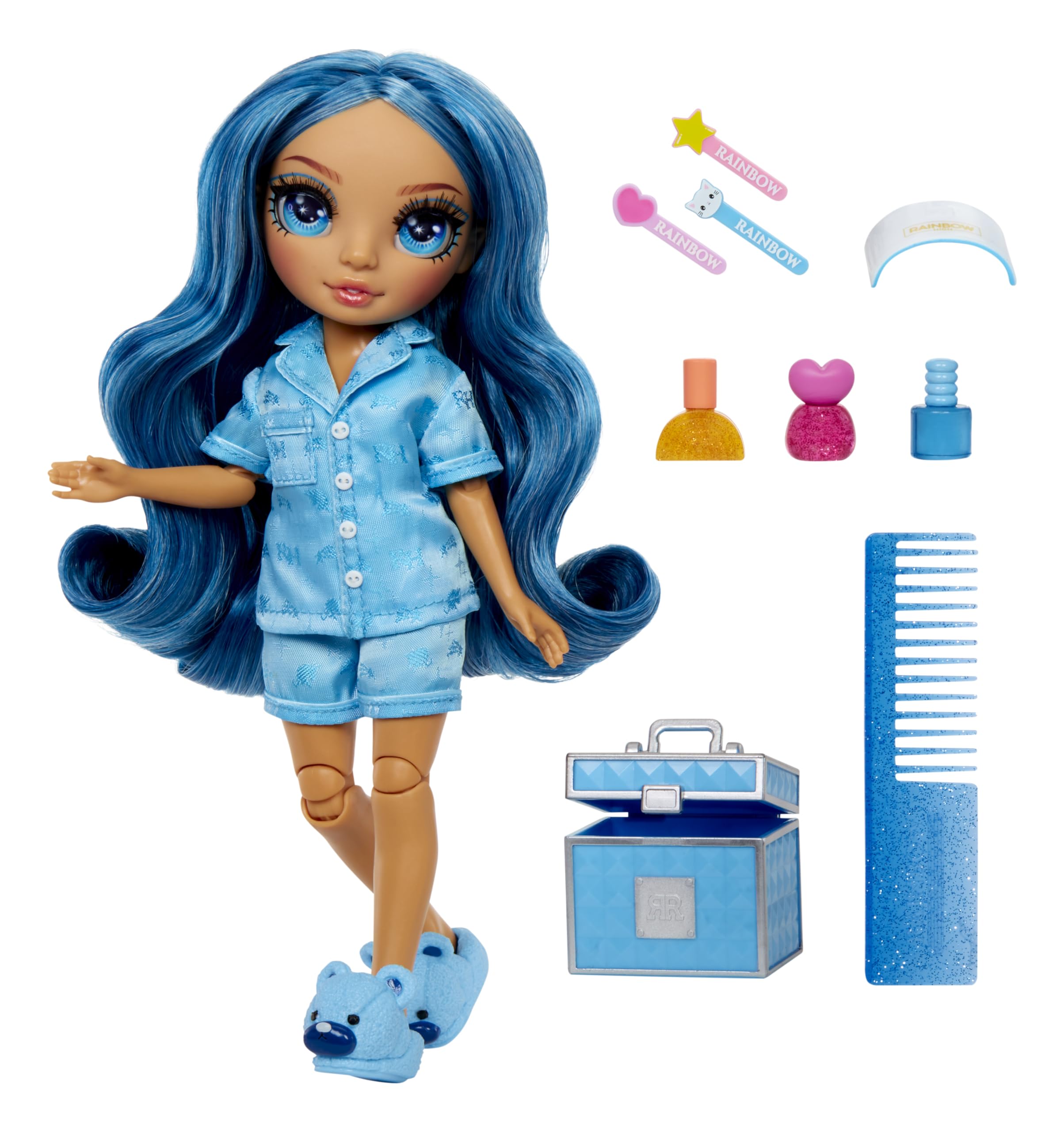 Skyler wearing blue satin pajamas and bear slippers sparks cozy play sessions