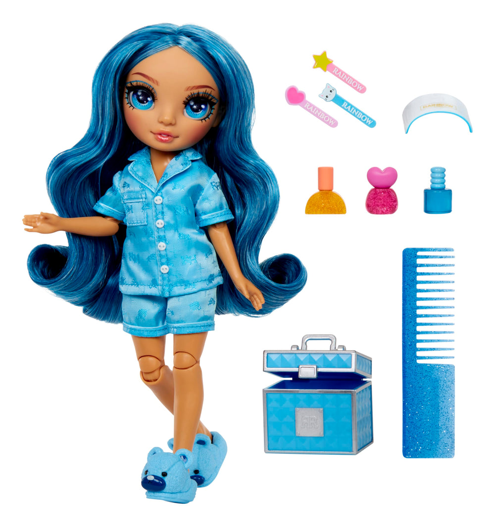 Skyler wearing blue satin pajamas and bear slippers sparks cozy play sessions