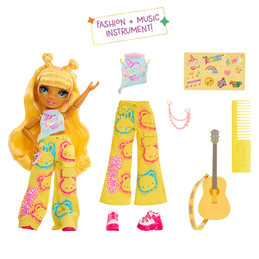 Rainbow High Sunny yellow doll face close-up highlights vibrant features for storytelling play.