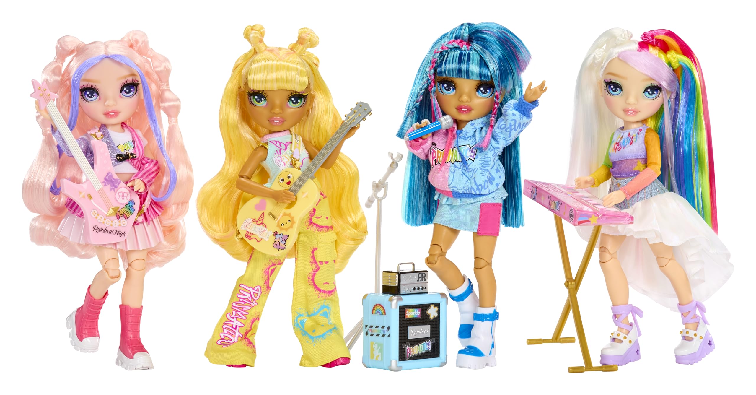 Rainbow High Sunny yellow doll posing with guitar demonstrates poseable articulation.
