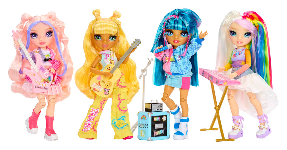 Rainbow High Sunny yellow doll posing with guitar demonstrates poseable articulation.