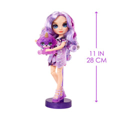 Rainbow High Violet doll on stand for stylish display and posing.