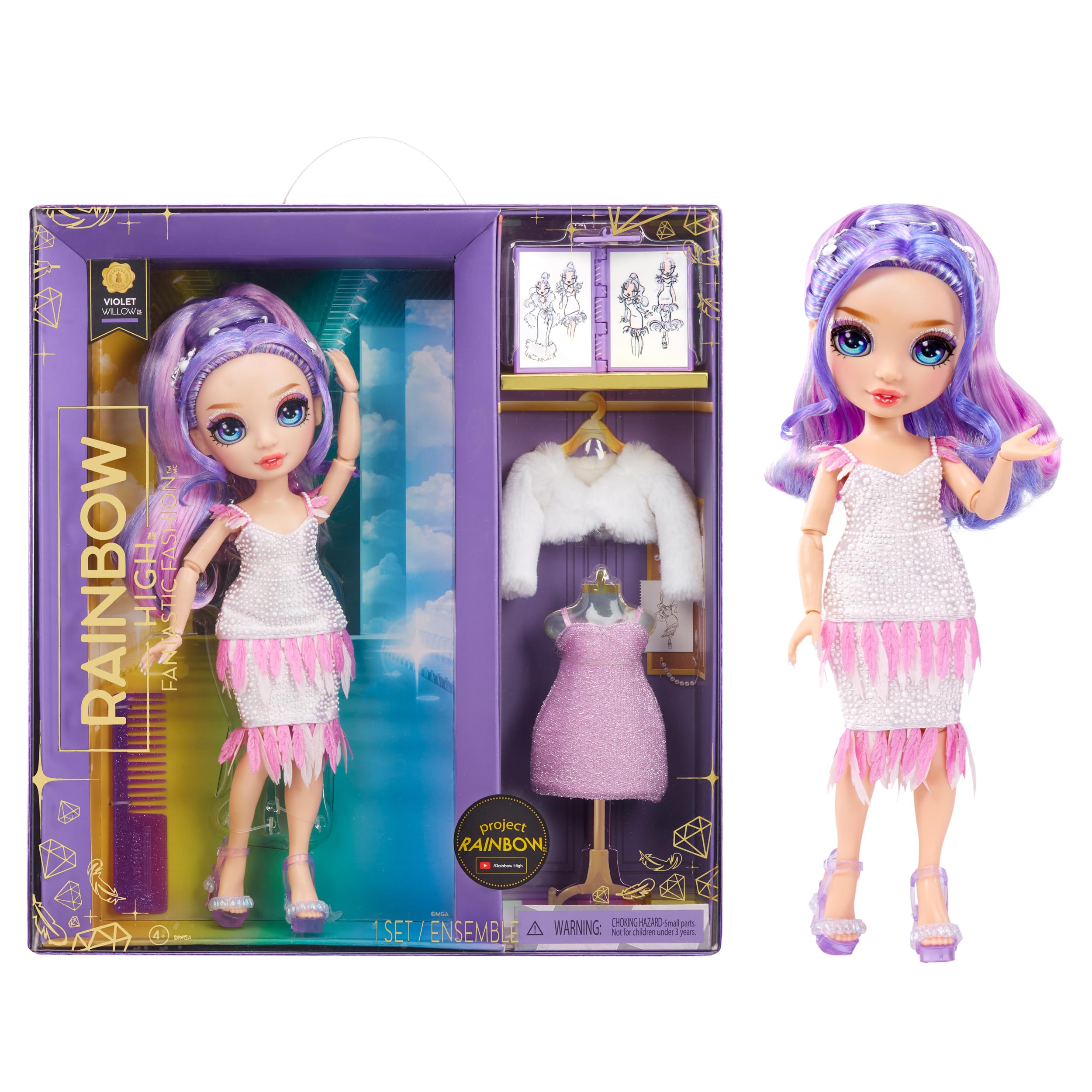 Rainbow High Violet Willow doll portrait highlighting collectible purple fashion for imaginative play.