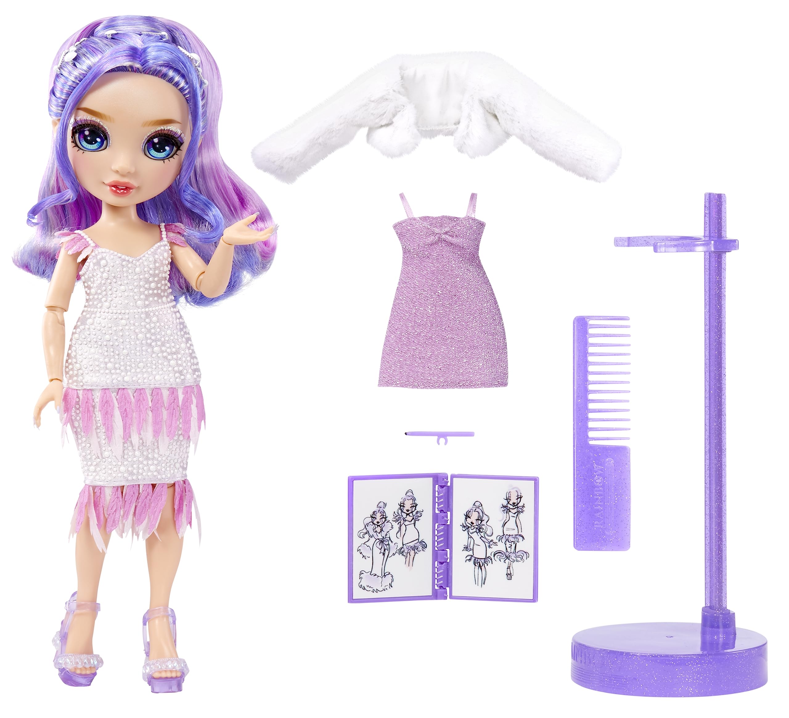 Rainbow High Violet Willow runway pearls dress on display for creative storytelling.