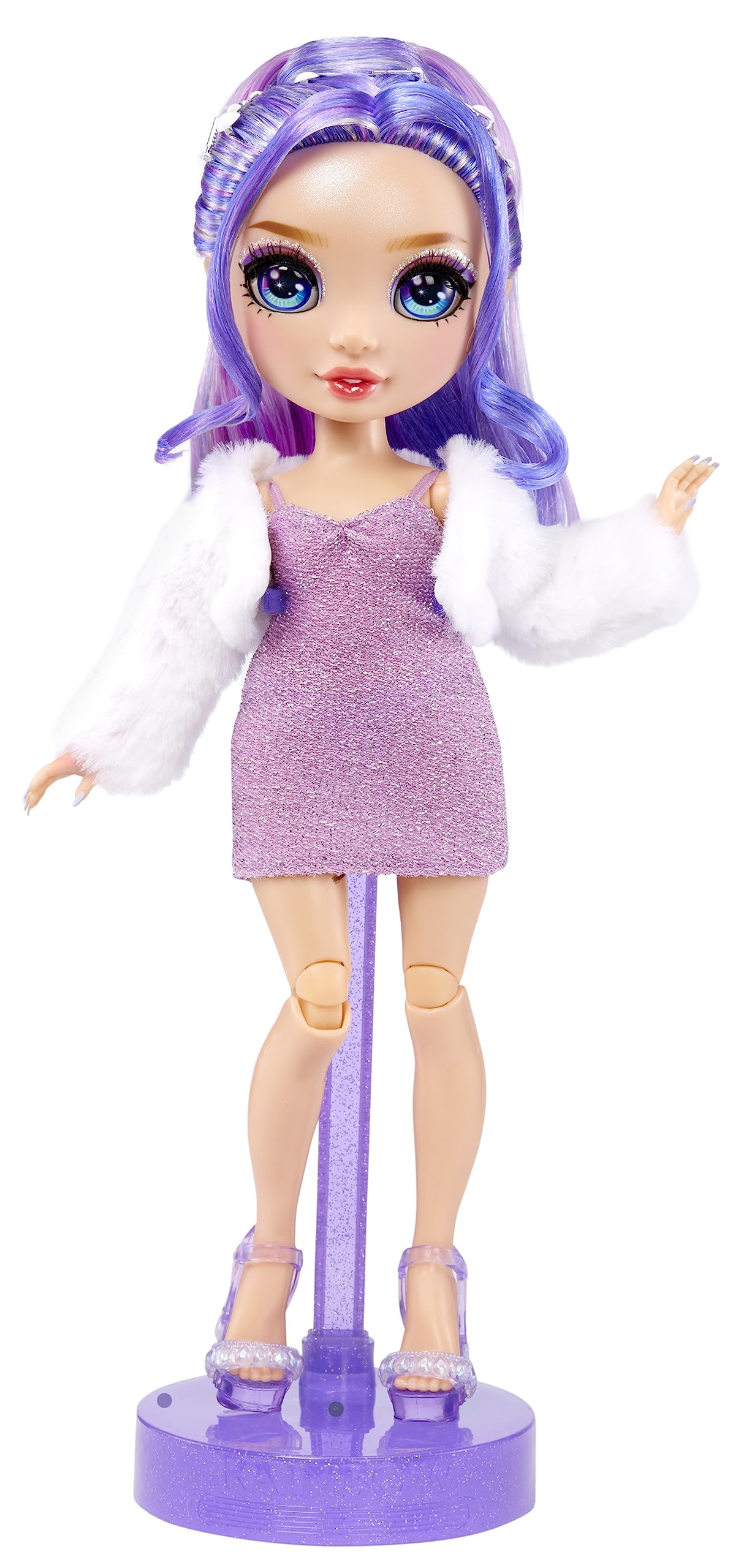 Rainbow High Violet Willow second outfit shiny purple dress for mix-and-match fun.