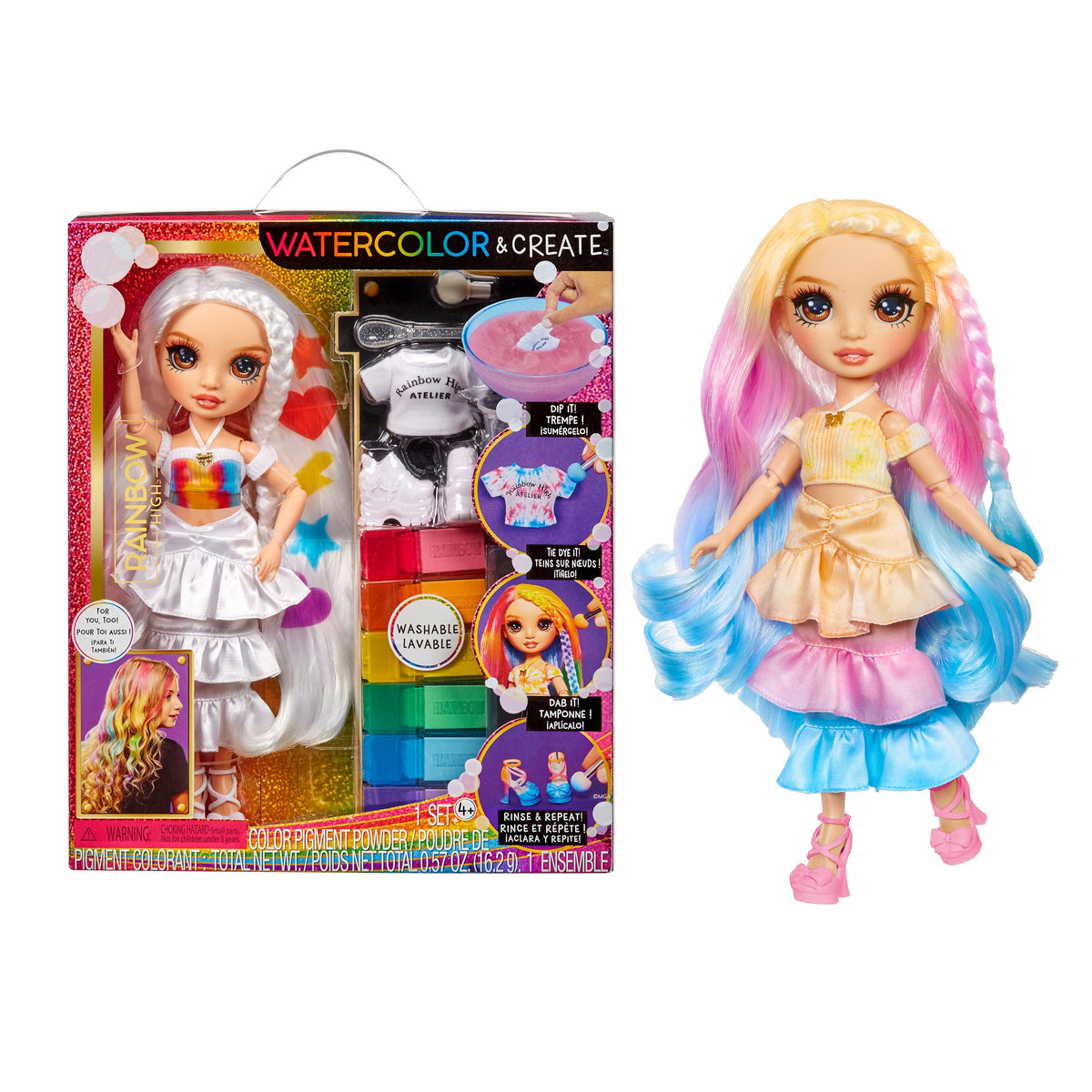 Rainbow High watercolor doll pose showing customizable outfit options and vibrant paints.