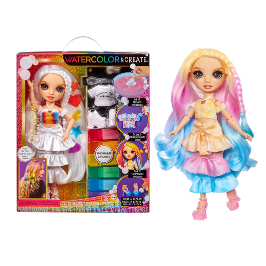 Rainbow High watercolor doll pose showing customizable outfit options and vibrant paints.