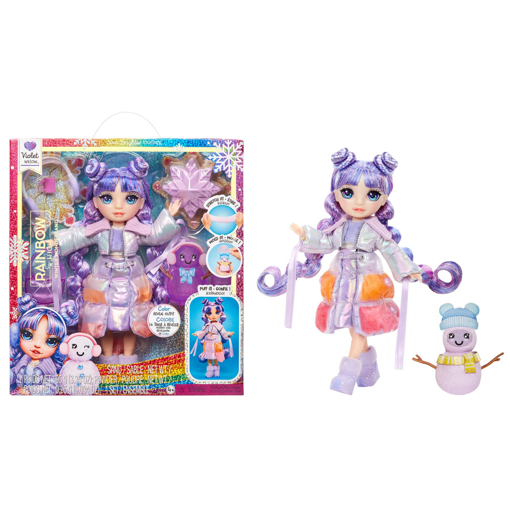 Rainbow High Winter Wonderland Violet outfit detail shows puff-ready fashion for kids' play.