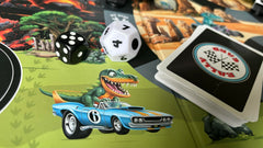 Raincorn Games Dinosaur Rally play mat enhances colorful race setups at home.
