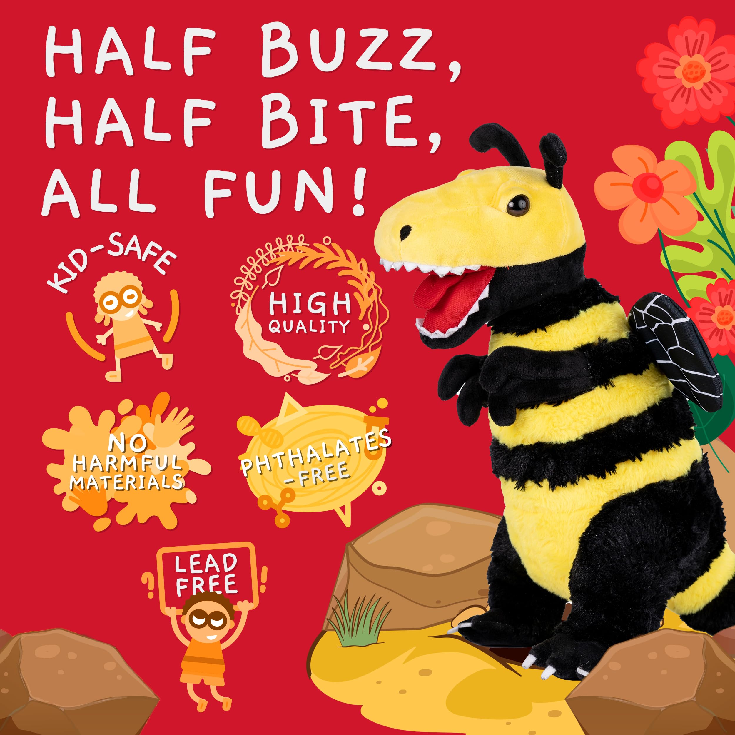 Randimals Bee-T-Rex plush hug inspires cozy cuddling moments.