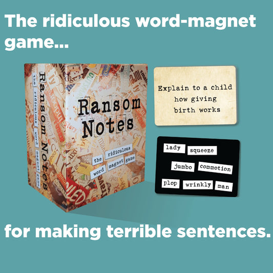Ransom Notes prompt cards spread across the table inspire spontaneous humor.