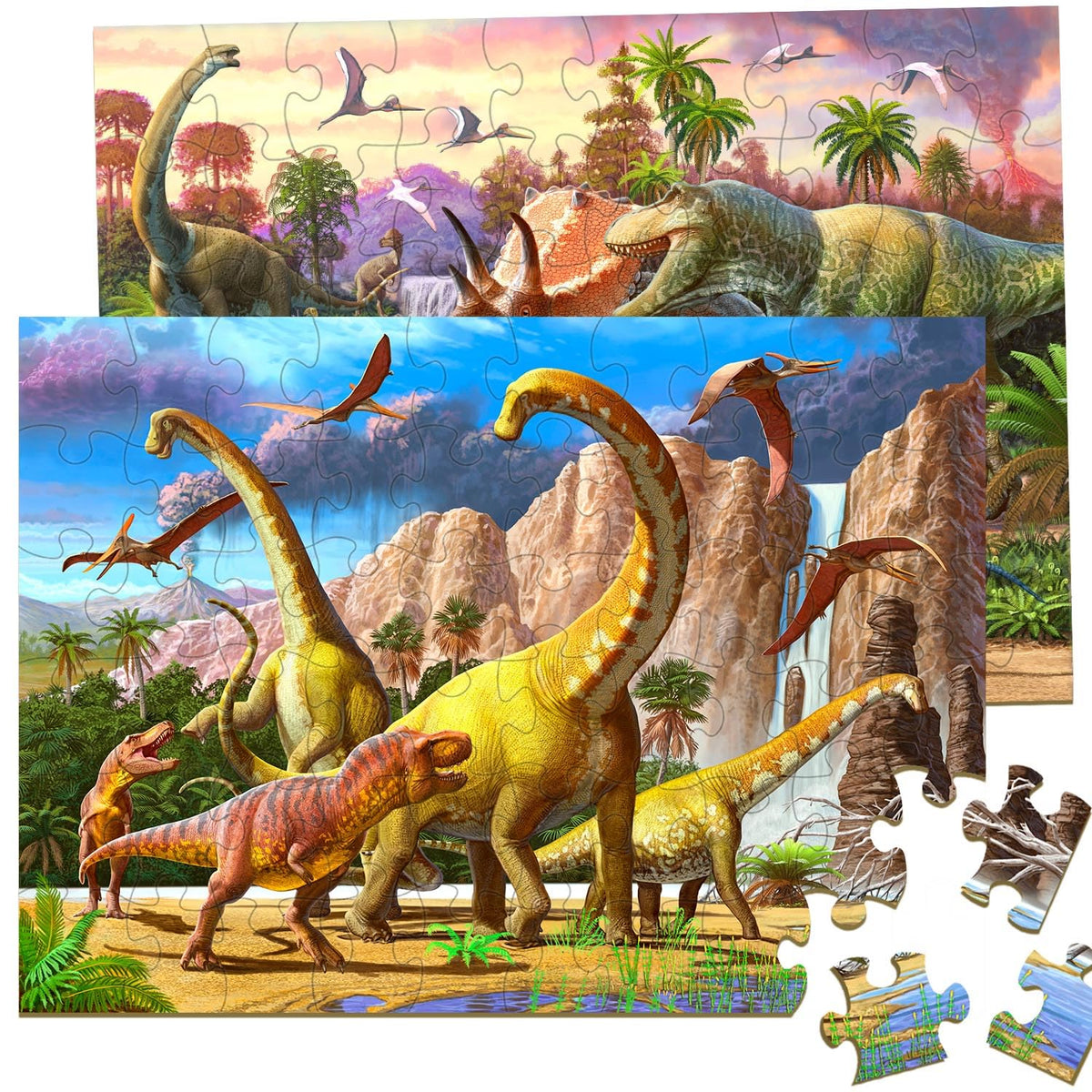 RANSUNN dinosaur puzzle: meeting by the waterfall image to spark imagination and problem-solving.
