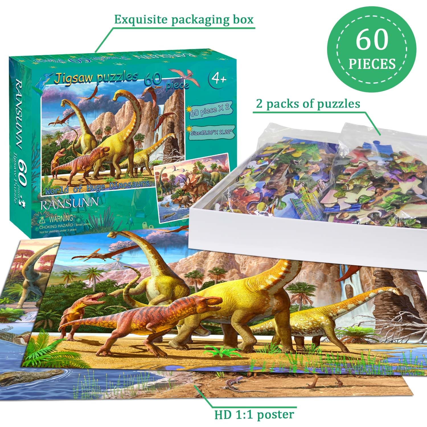 RANSUNN dinosaur puzzle close-up: thick cardboard durability for busy hands.