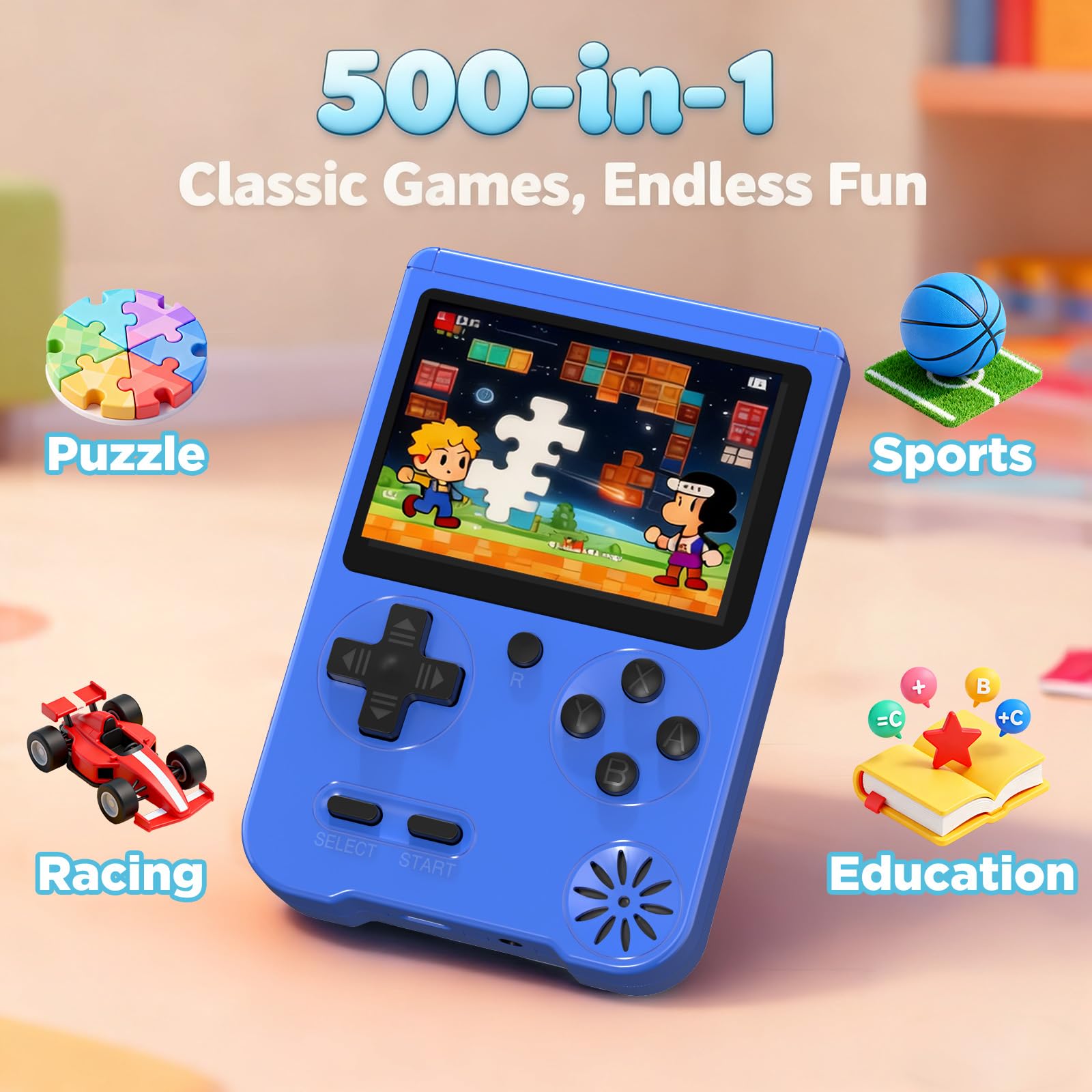 Rantuns 3-inch LCD display showcasing vibrant retro visuals on the go