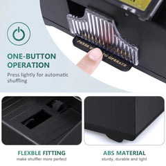 Rareidel two-deck shuffler, battery compartment open for quick replacements