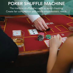 Rareidel shuffler dispensing tray with cards mid-shuffle, efficient dealing