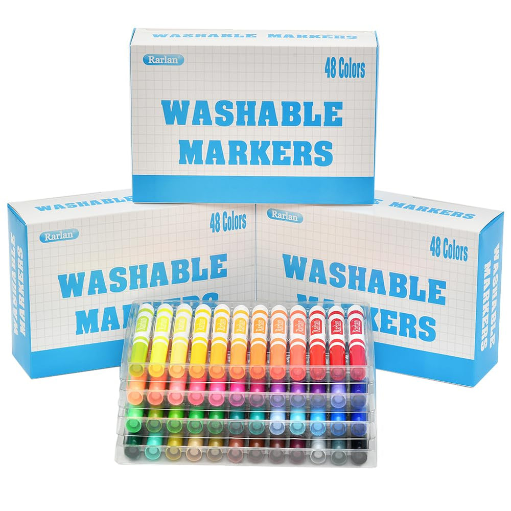 Rarlan washable markers in 48 colors shown in three boxes for classroom sharing