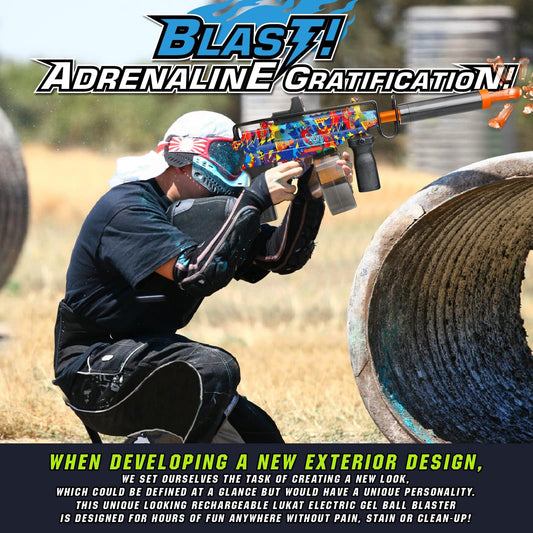 Rasout gel blaster in action shot during outdoor play with teammates