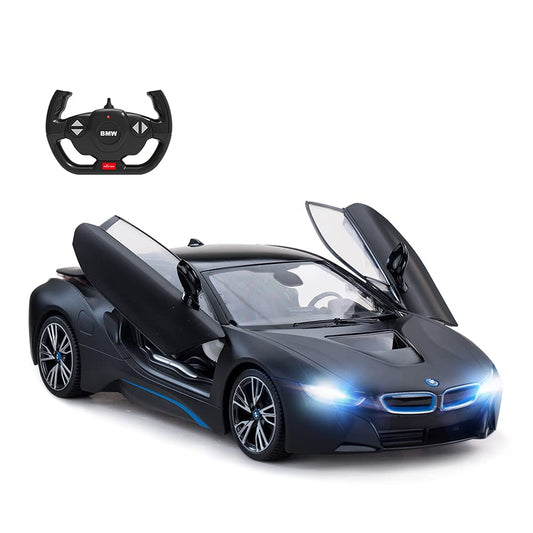 RASTAR BMW i8 RC car front view in matte black for immersive play