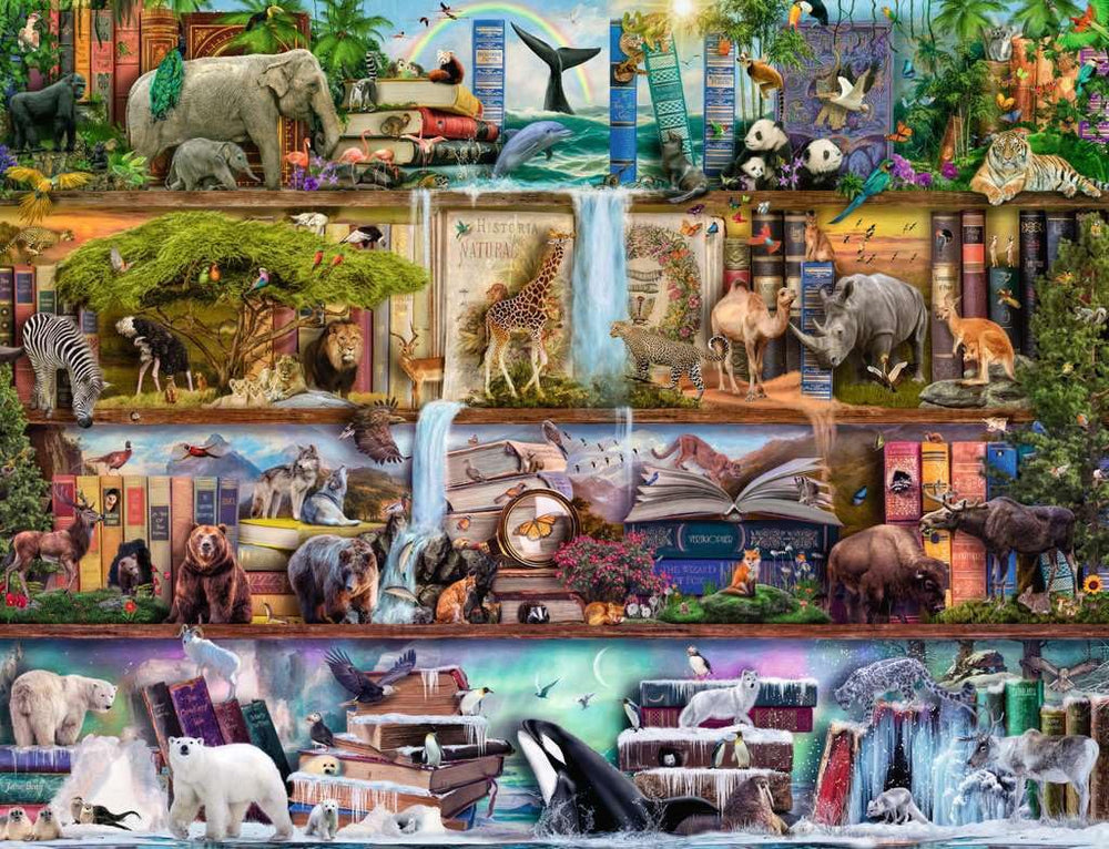 Ravensburger Big Animal World detailed artwork showcases Aimee Stewart's imaginative wildlife scene.