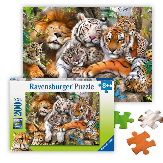 Ravensburger Big Cat Nap puzzle shows lions and tigers in a vibrant scene for family time
