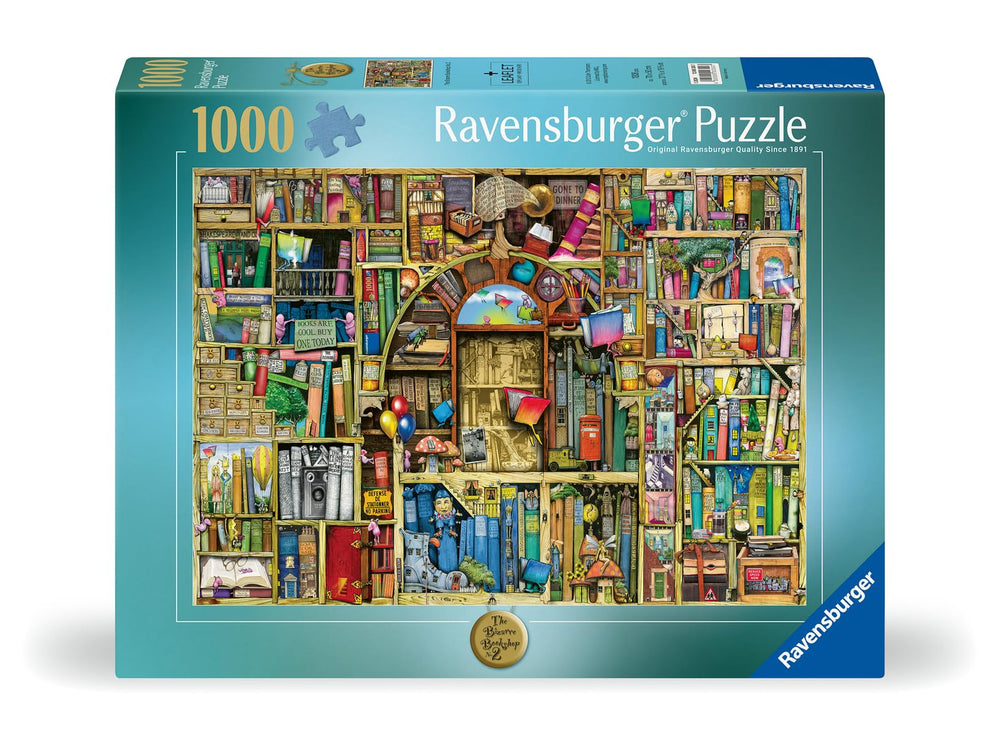 Ravensburger The Bizarre Bookshop 2 pieces on table in a lively reading scene for puzzle magic