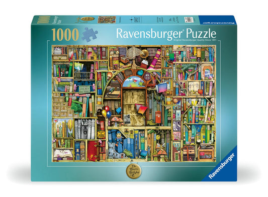 Ravensburger The Bizarre Bookshop 2 pieces on table in a lively reading scene for puzzle magic