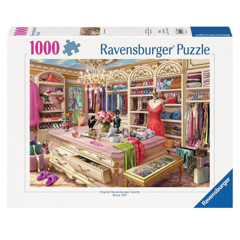 Ravensburger The Coveted Closet puzzle box front shows a chic wardrobe scene for mindful relaxation