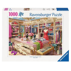 Ravensburger The Coveted Closet puzzle box front shows a chic wardrobe scene for mindful relaxation
