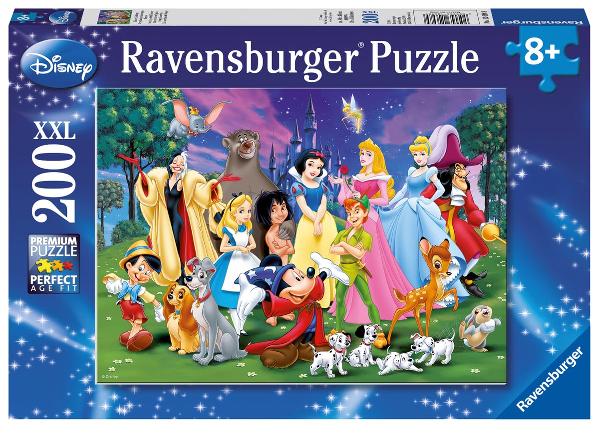 Ravensburger Disney Favourites 200-piece puzzle pieces closeup, highlighting interlocking fit and bright colors.