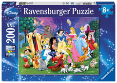 Ravensburger Disney Favourites 200-piece puzzle pieces closeup, highlighting interlocking fit and bright colors.